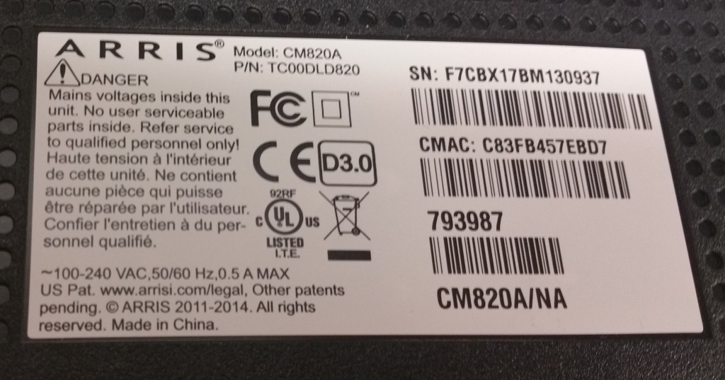 Arris CM820 Cable Modem Bottom