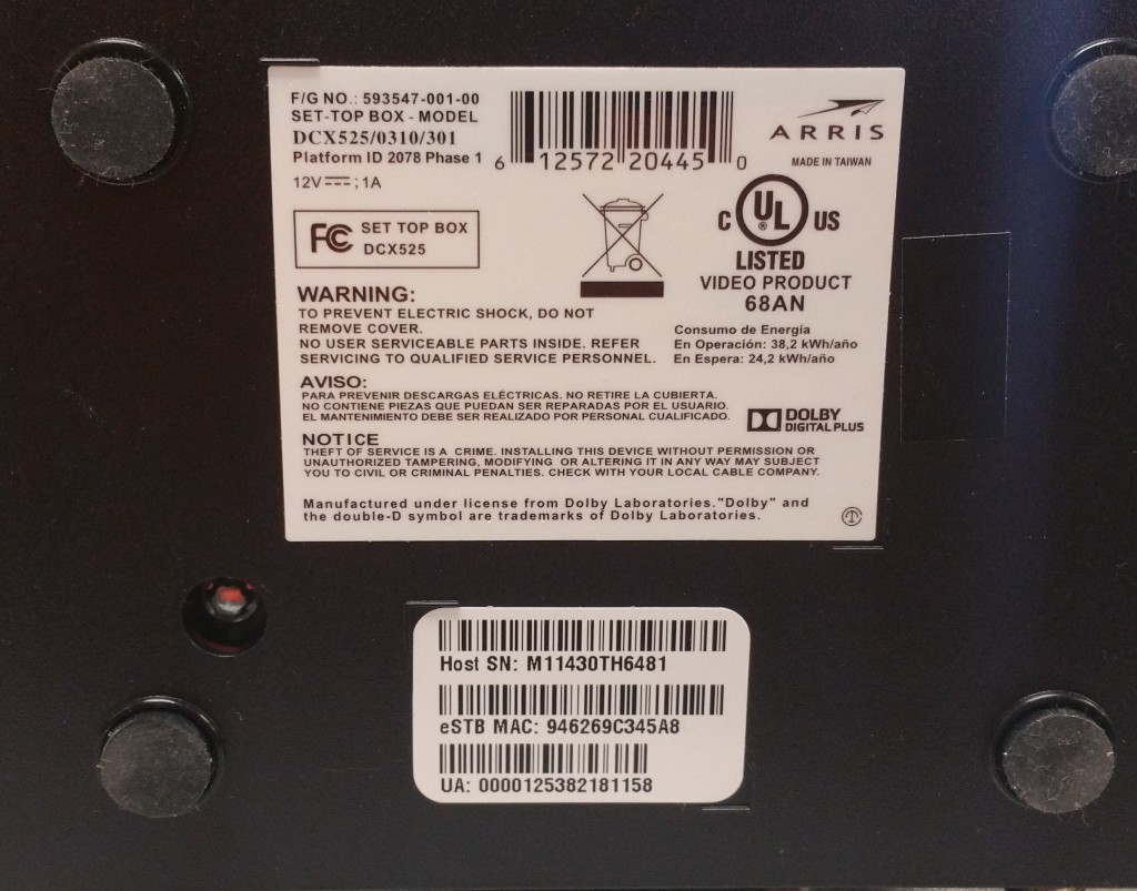 Arris DCX525e HDMI Only Standard Cable STB Bottom
