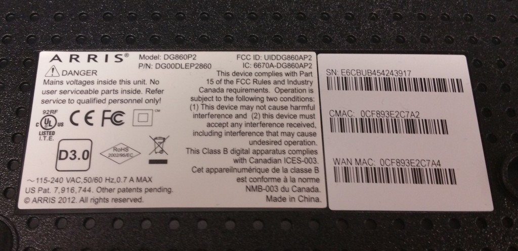 Arris DG860 Cable Modem Bottom