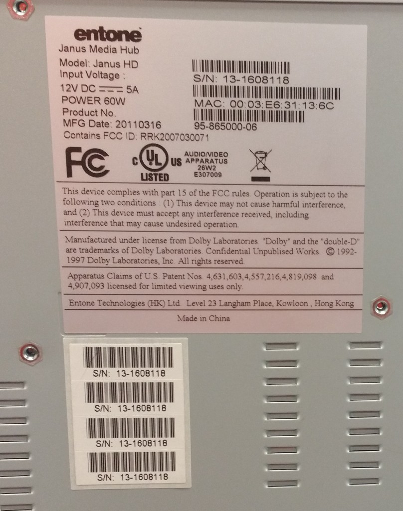Entone Janus IPTV PVR STB Sticker