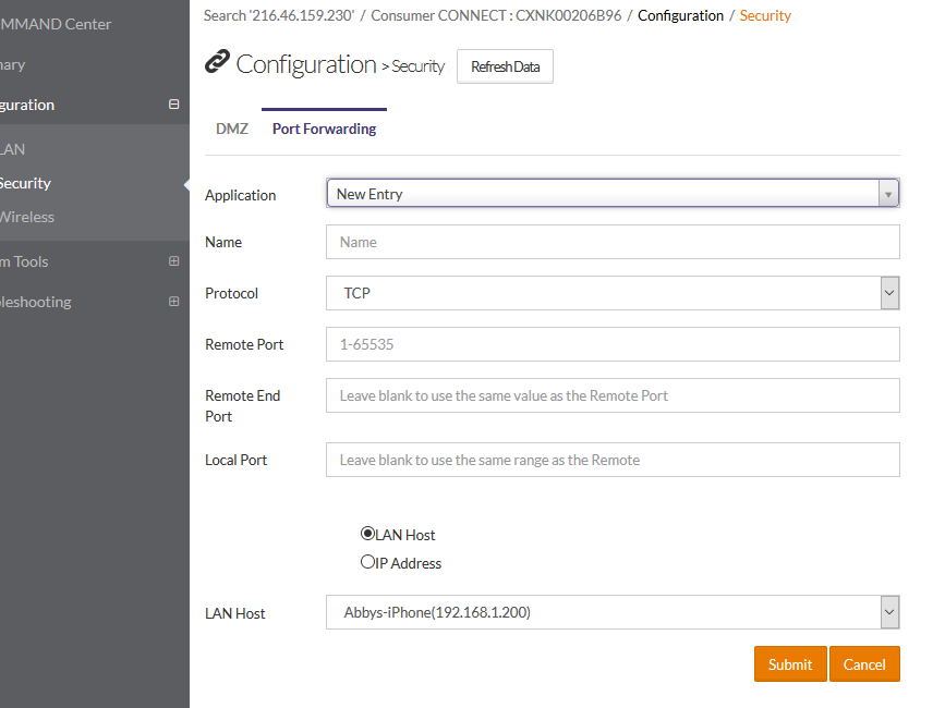 Adding a Port Forwarding Entry